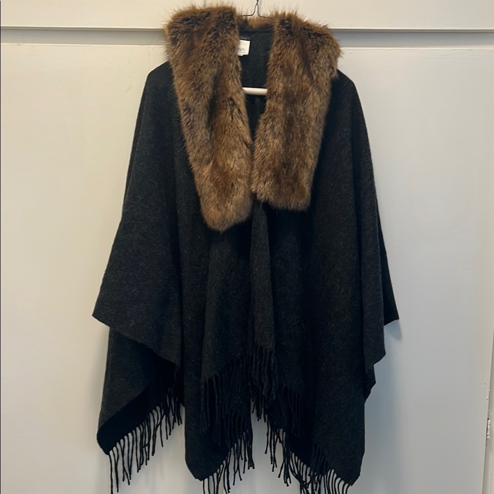 J. Crew Black Wool Poncho with Faux Fur Trim